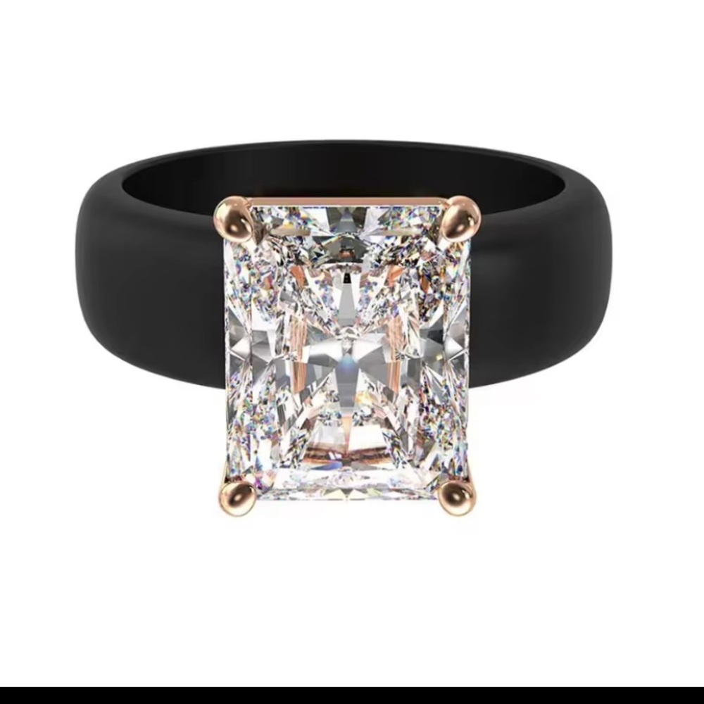Black Silicone Band Ring with Emerald-Cut Crystal and Rose Gold Prongs Sizes 6-7